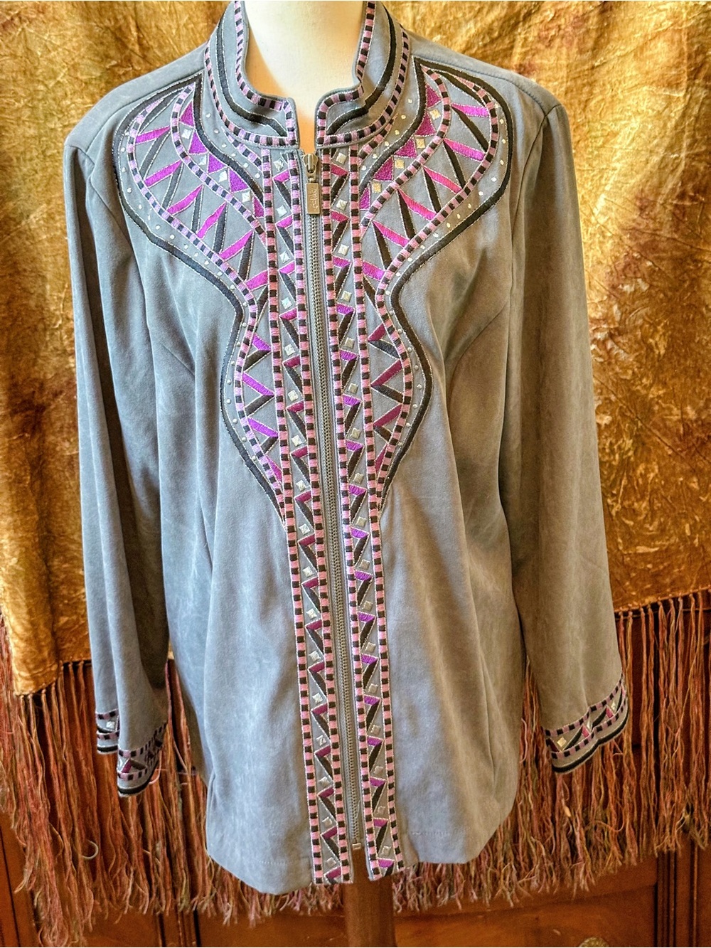 Bob Mackie Gray Suede Jacket with Pink & Black Embroidery